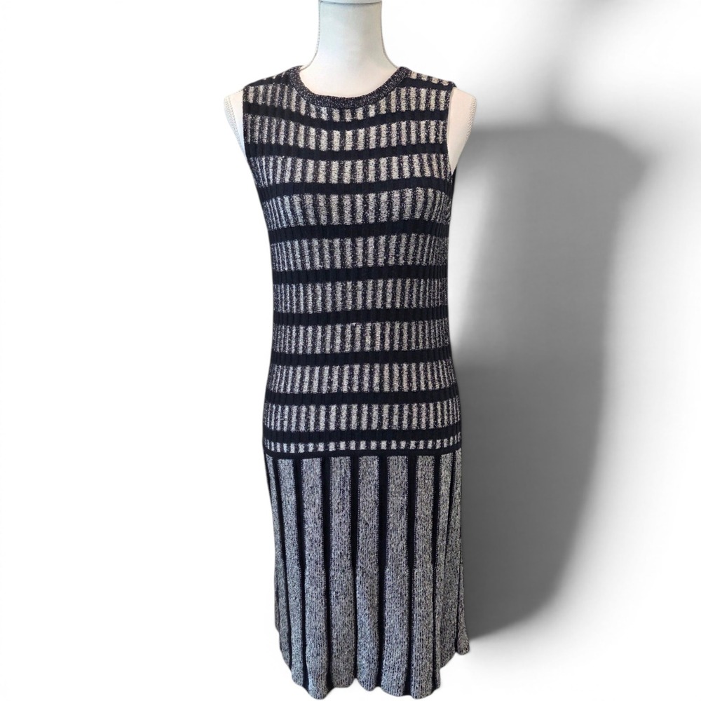 Billy Reid Drop Waist Dress Silk Knit Striped Black Sleeveless Chic Wedding L